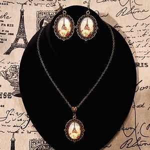 🗼Antique Bronze Eifel Tower Cameo Cabochon Jewelry Set